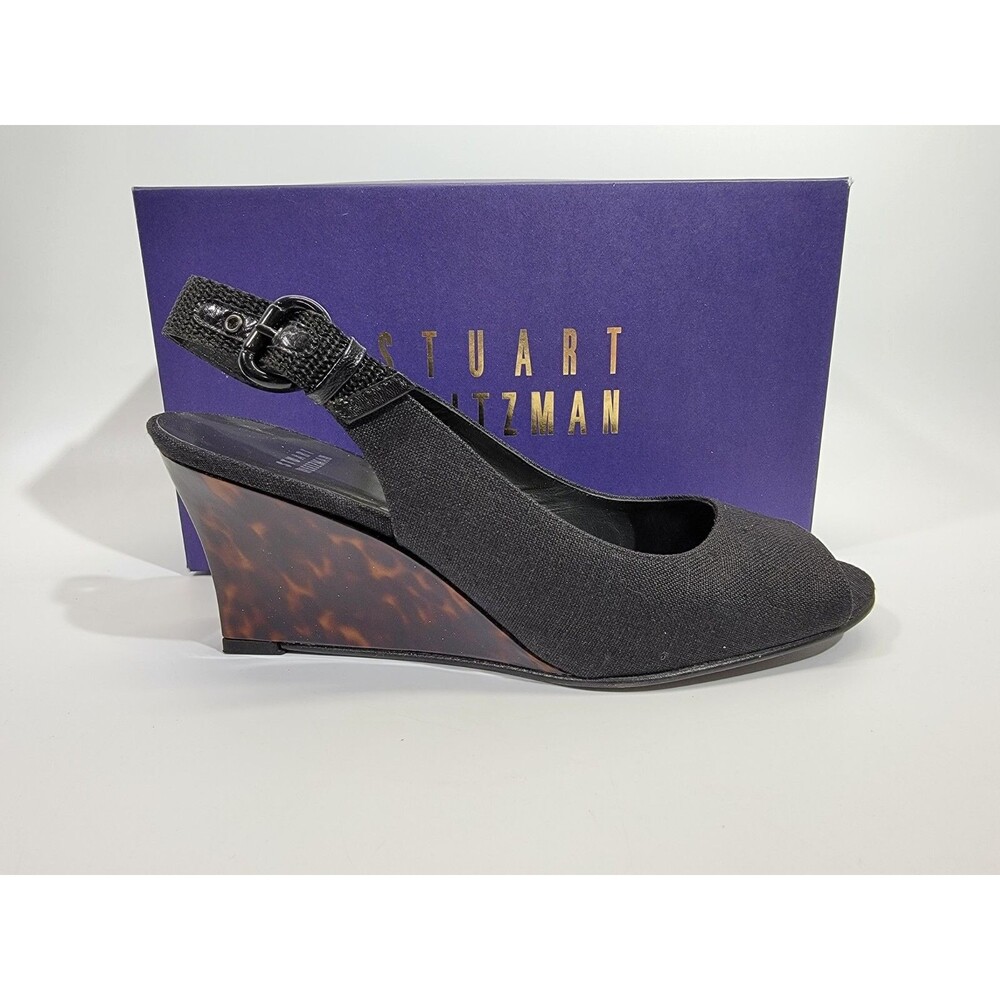 Stuart Weitzman 10 Beltitout Black Linen Slingback High Heels Pumps Designer EUC - Picture 3 of 9
